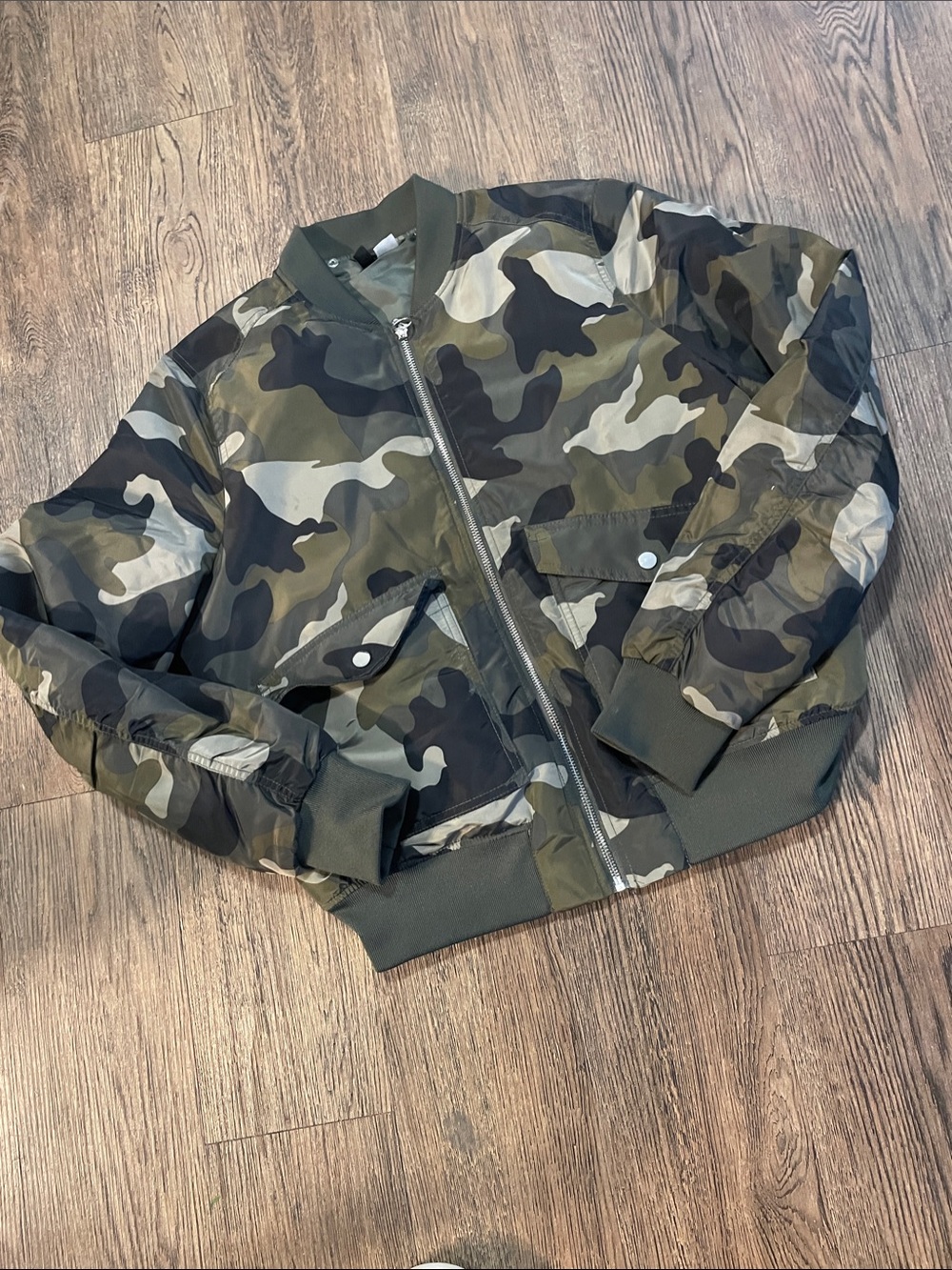 H&M Camo Bomber Jacket in Olive, Black, Tan